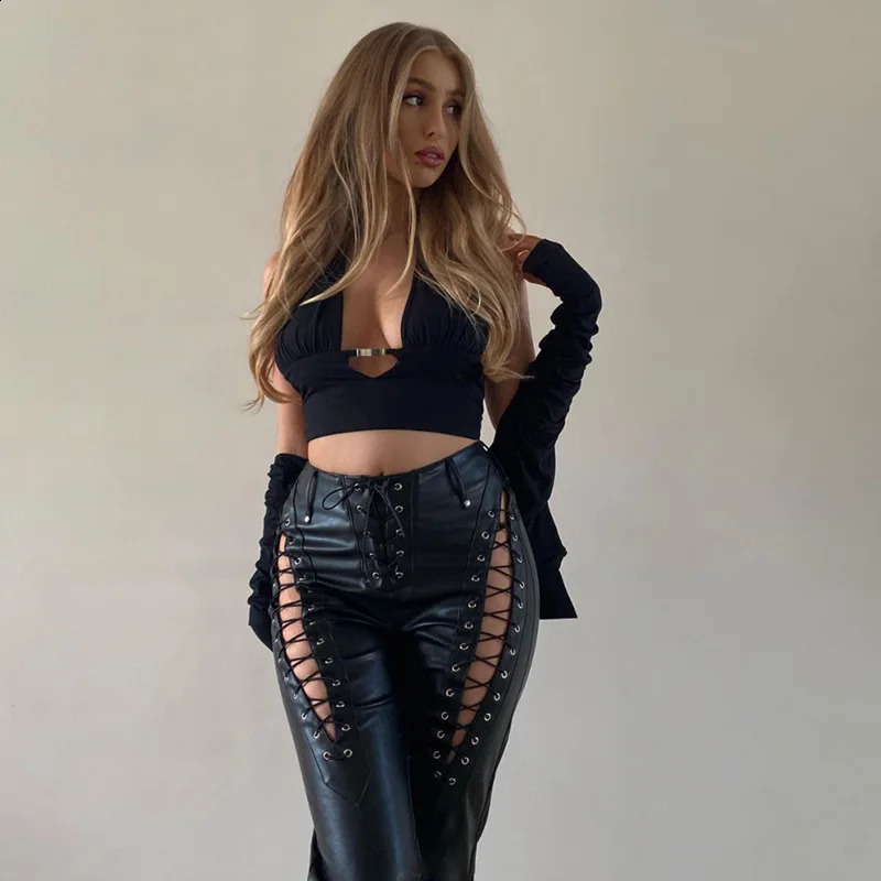 BKLD Autumn Fashion Street Clothing Womens High Waist Lace Top Hollow Straight Three Person Leather Pants Solid Color 240920 29
