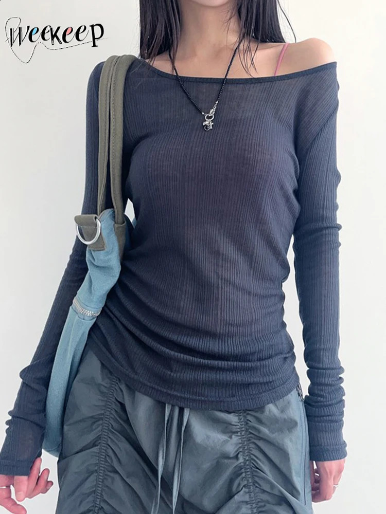 Weekeep Harajuku Bandage Backless Crop Top Womens Long Sleeve Slope Casual T-shirt Autumn Basic Fashion Shirt Aesthetics Y2k 240920