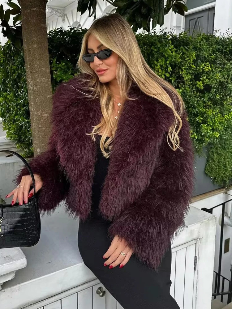 Y2K TRAF Winter Faux Fur Coat for Women Turndown Collar Thick Warm Fur Outerwear Ladies Casual Slim Long Sleeve Coats 240919
