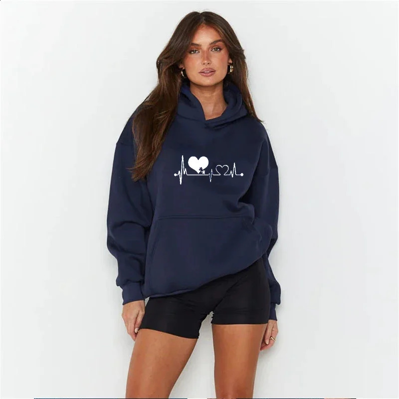 Womens Black White Classic Hoodies Heart Print Hoody Sweatshirt Spring Autumn Long Sleeve Hip Hop Warm Hoody Pullover Top 240920