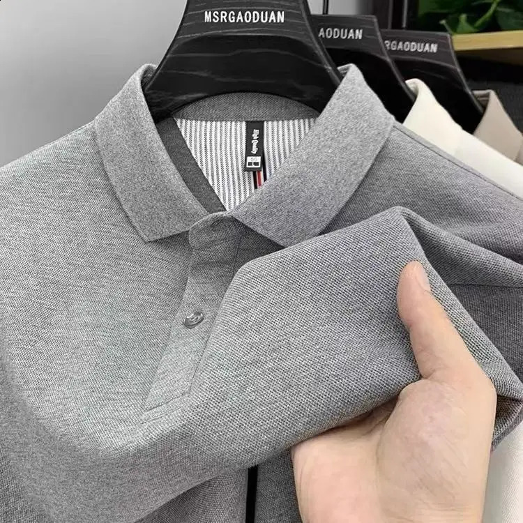 Overweight pure cotton high neck polo shirt mens spring and autumn long sleeved T-shirt solid color top 240920