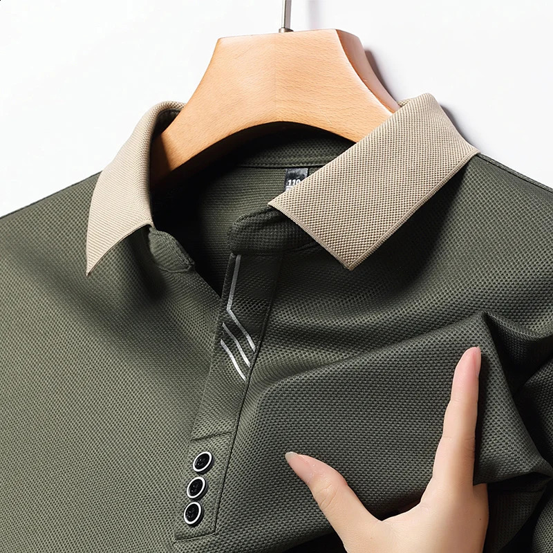 Autumn Mens Longsleeved Polo Shirt Business Casual Slim Elastic Top Fashion Classic Solid Color Male Tees 240910Z