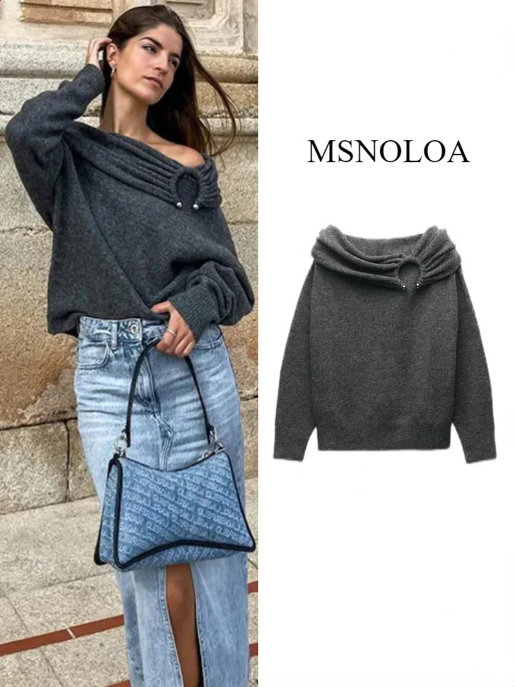 Womens brushed knitted sweater autumn and winter straight neck long sleeved brushed shoulder sweater cardigan knitted brushed 240919