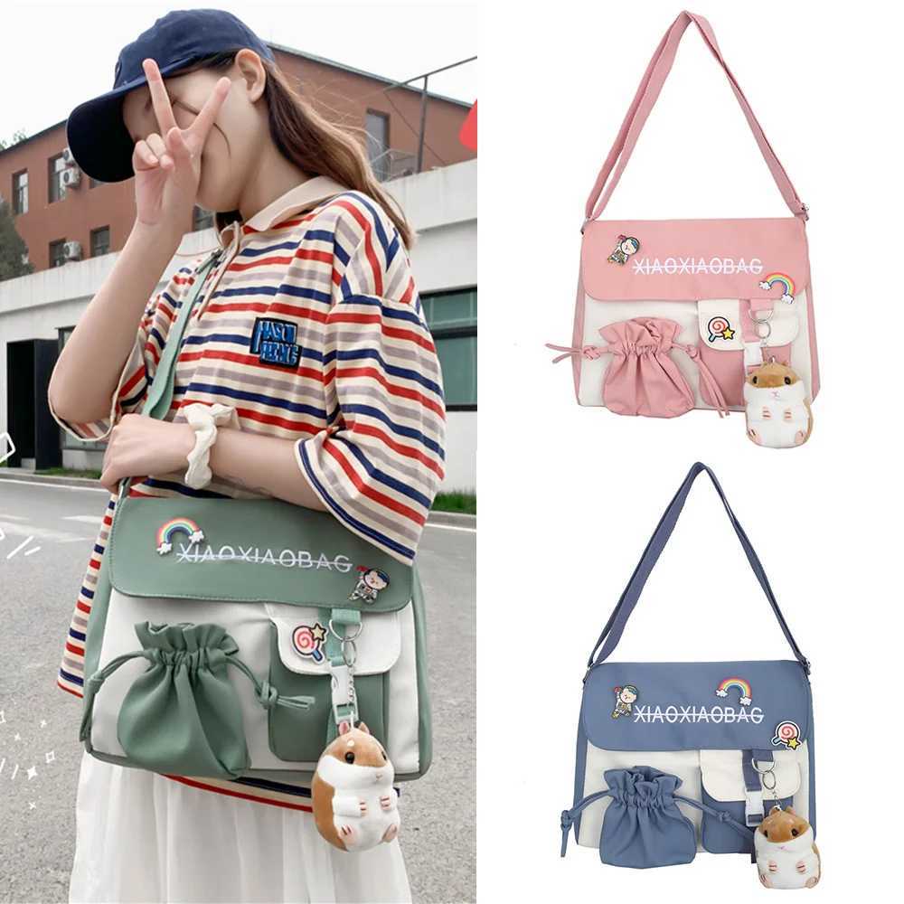 Kawaii Nylon Decor Messenger Flap Crossbody Large Capacity School Bag Casual Bookbag Fashion Shoulder Purse Z240919