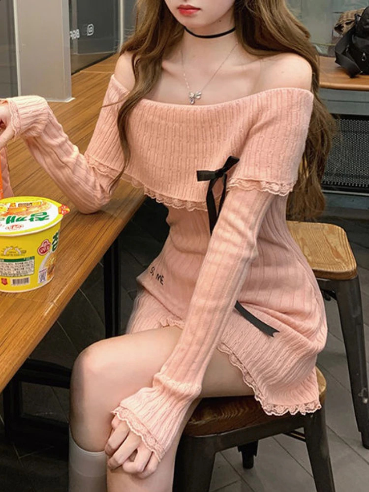 Hiver Kawaii Robe rétro Robe femme Bow Bow épaule élégante pull mini-robe robe de mode pour femmes 240919