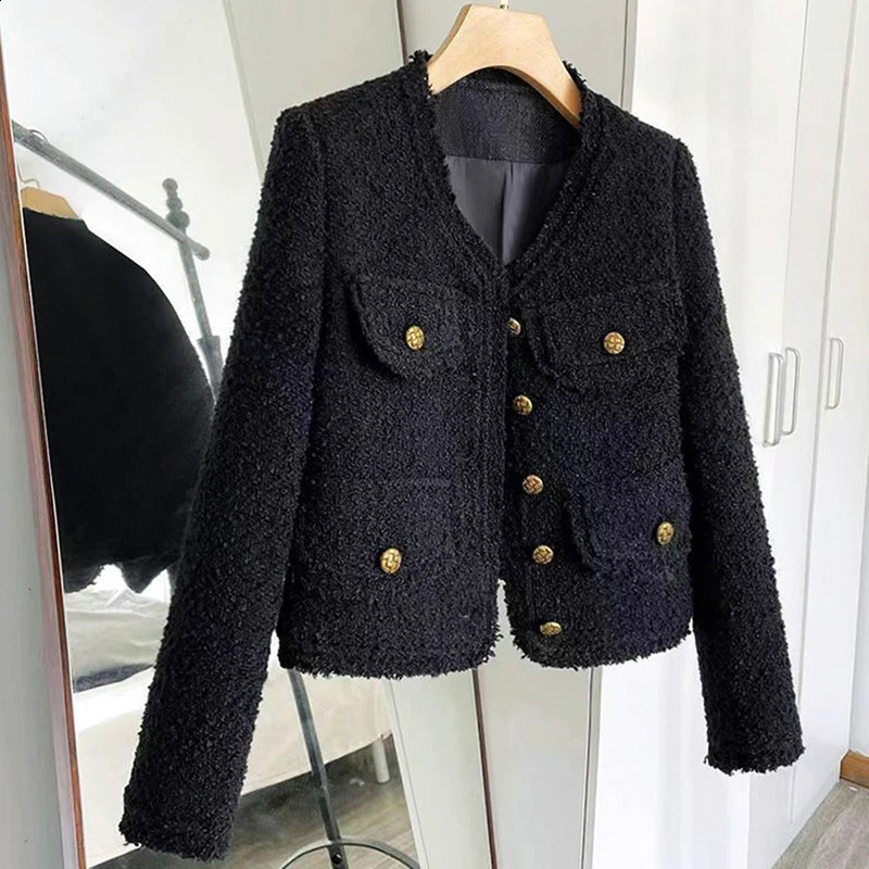 Rimocy Cropped Tweed Jacket Womens Korean Fashion Round Neck Single breasted Jacket Womens Autumn Long Sleeve Chic Coat 240919