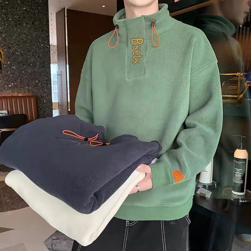 Mens solid color hooded sweatshirt for autumn and winter with added velvet and thick warm bottom mens shirt 240918