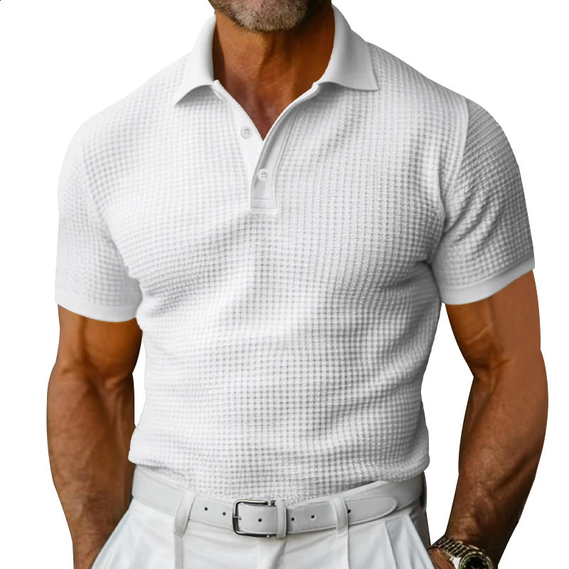 Summer solid color polo short sleeved rolled neck button up T shirt mens casual streetwear lightweight gym top 240920