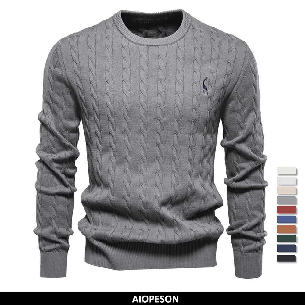 Men's Sweaters AIOPESON Mens Giraffe Embroidery Cotton Sweaters Round Neck Classic Twist Patterned Pullover Knitted Sweater for Men Q240920
