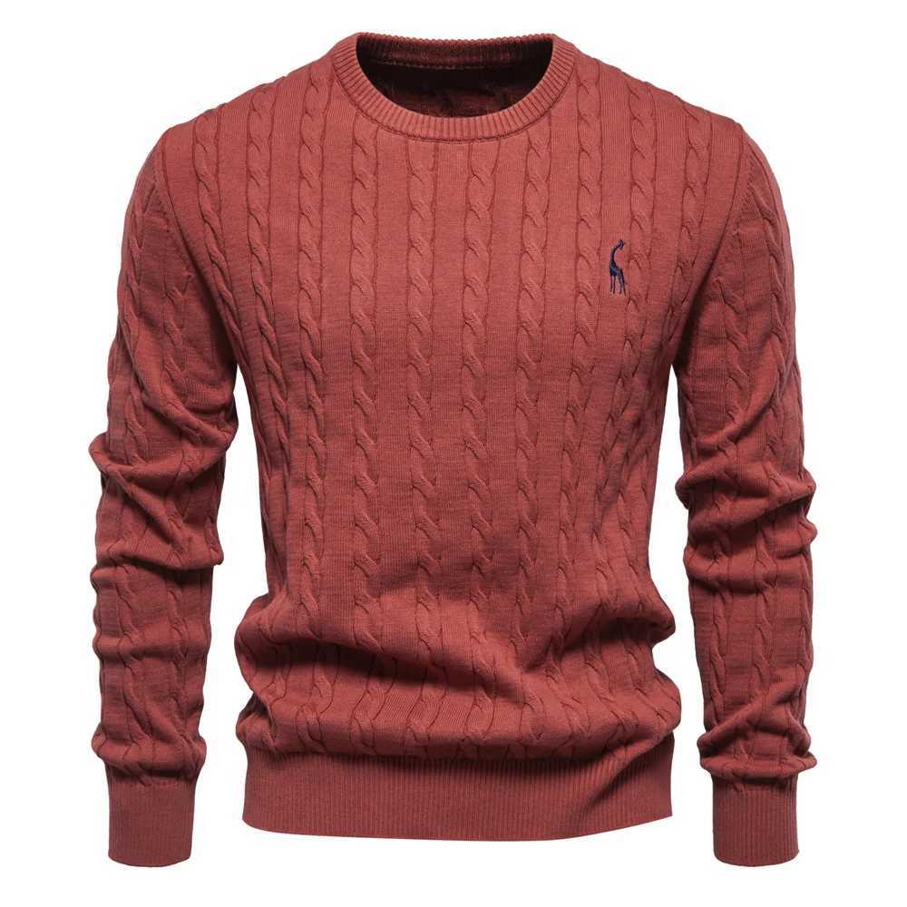AIOPESON Mens Giraffe Embroidery Cotton Sweaters Round Neck Classic Twist Patterned Pullover Knitted Sweater for Men Q261015