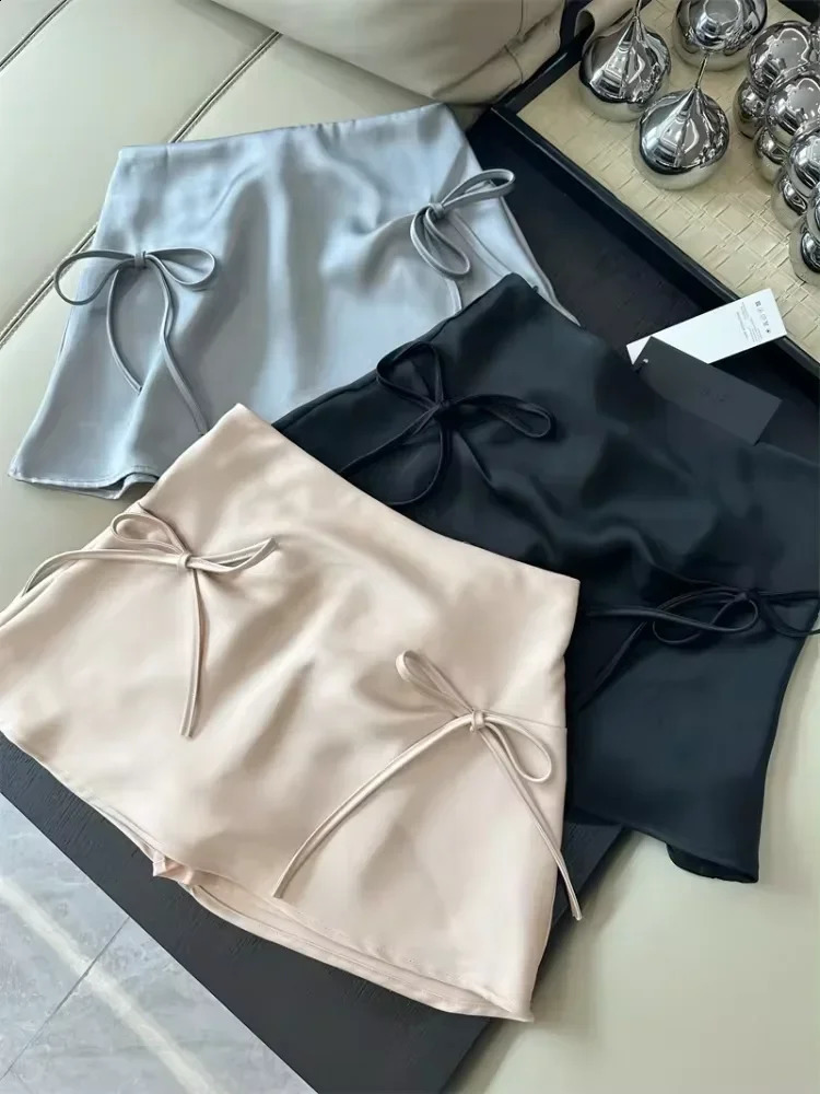 Bow Lace-up Satin Y2k Mini Skirts Women Pink Korean Style A-Line Skirts Summer 2024 High Waist Sexy Slim Sweet Short Skirts 240920