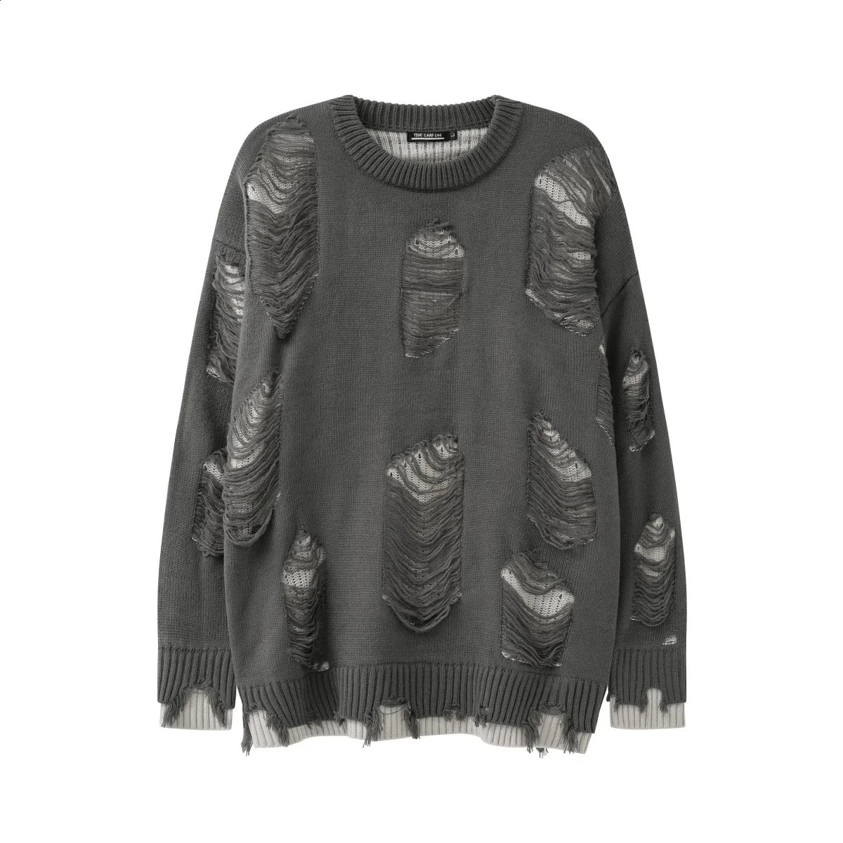Frayed Hole Double Wear Oversized Pullover Sweater Mens Autumn and Winter Crew Neck Ripped Casual Couple Knitted Sweaters 240911Z