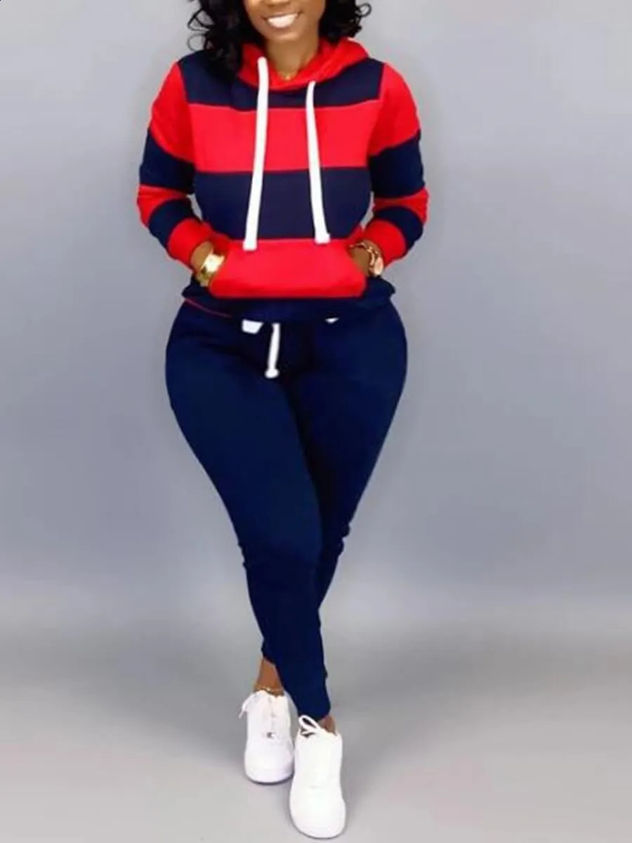 LW Plus size autumn womens hooded pants set brushed hooded sweatshirt striped printed long sleeved warm sweater set 240920