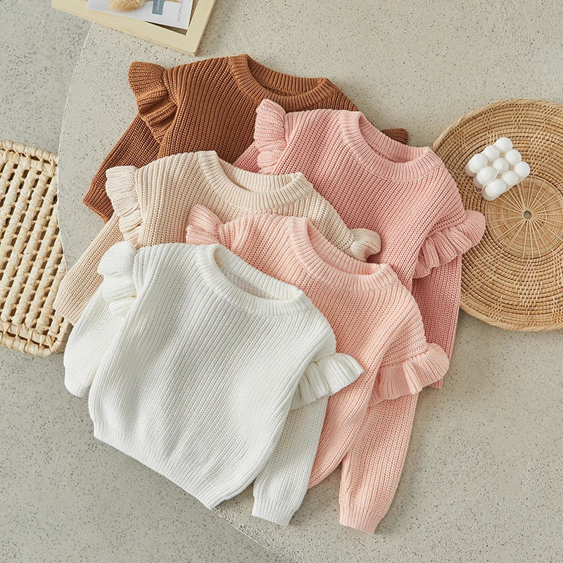 Suefunskry born Baby Girl Boy Knitted Ruffled Long Sleeve Sweaters Solid Color Loose Pullover Toddler Casual Tops 260916