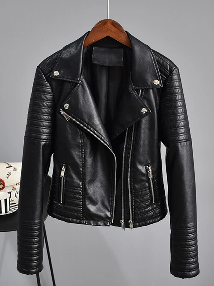 FTLZZ Autumn Artificial Leather Flip Collar Pu Motorcycle Black Punk Womens Rivet Zipper Jacket 240920