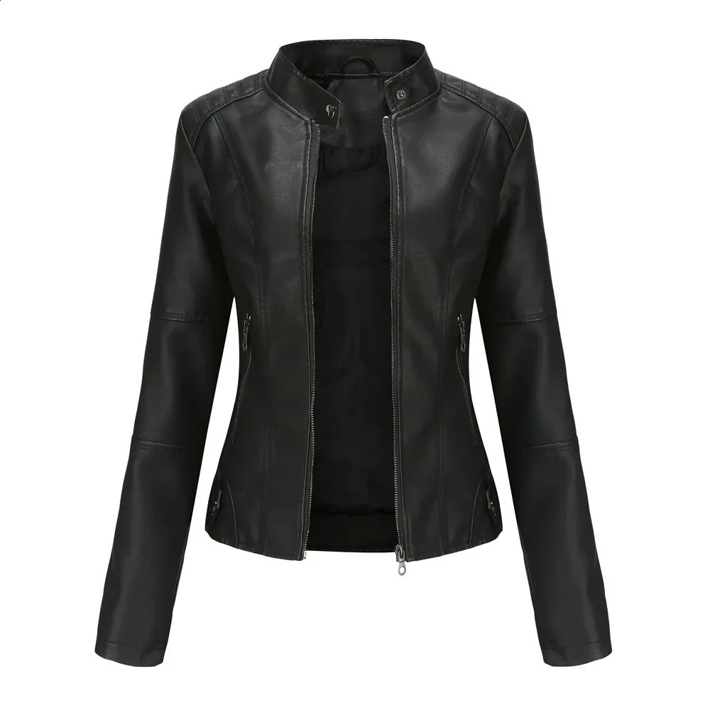 Artificial leather for women autumn spring womens motorcycle zipper red black jacket brown purple blue 4xl 240920