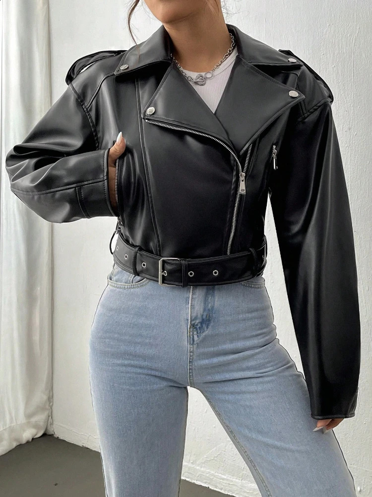 Fitaylor Spring Autumn Casual Collar Zipper Artificial PU Womens Street Motorcycle Leather Jacket 240920