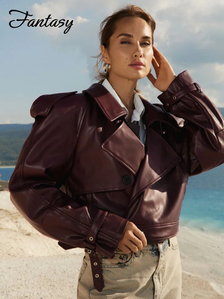 Casual Street Leather Jacket Women Solid Lapel Long Sleeved Belt Crop Female Coats 2024 Autumn Y2k Fashion Loose Pu Outwear Lady 240920