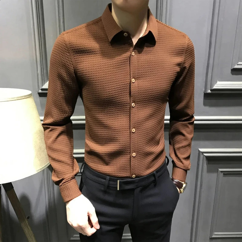 Business and leisure mens spring and autumn style collar solid waffle single chest fashionable casual office social long sleeved shirt top 240920