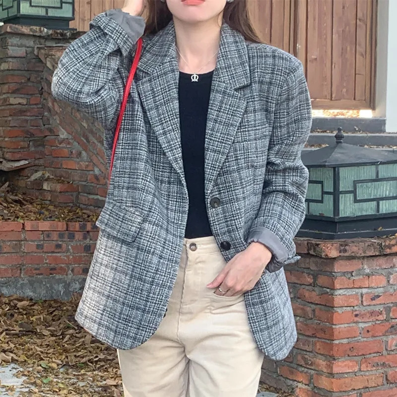 Korean Fashion Retro Comparison Plain Wool Coat Womens Winter Single breasted Loose Set Womens Jacket 240920
