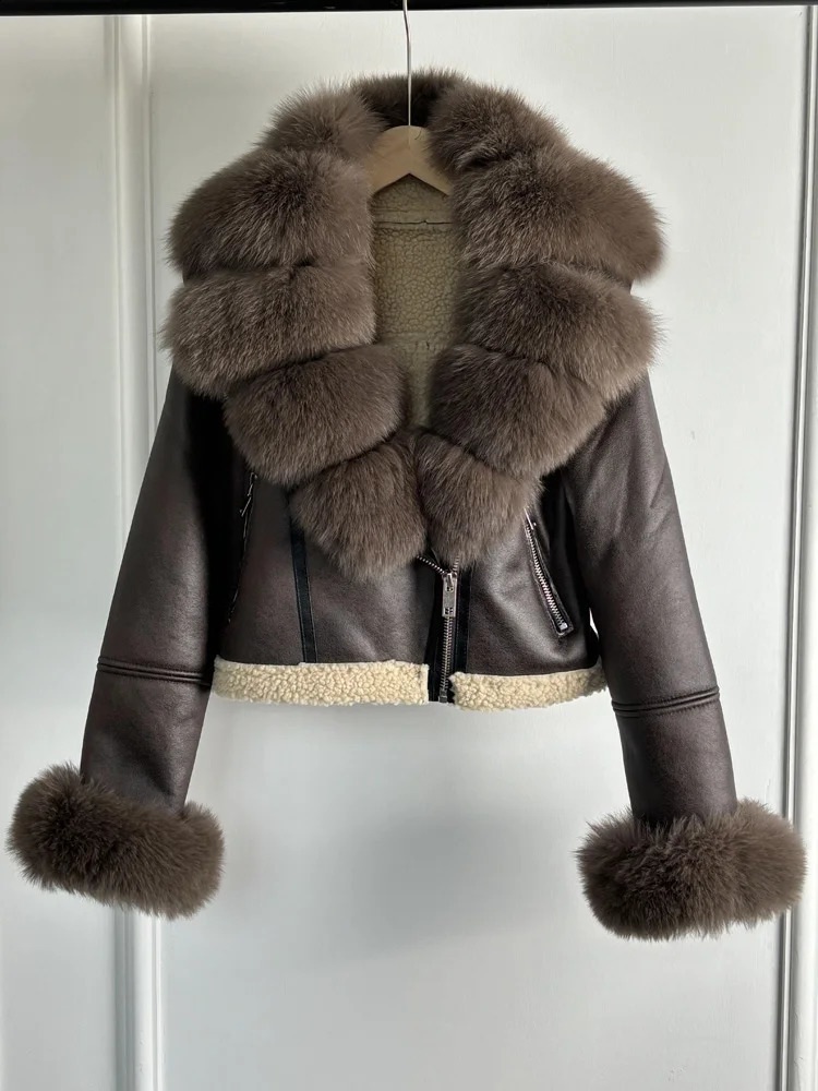 Lagabogy Fox fur collar winter thick synthetic leather jacket womens lapel zipper short Pu jacket womens warm motorcycle jacket 240921