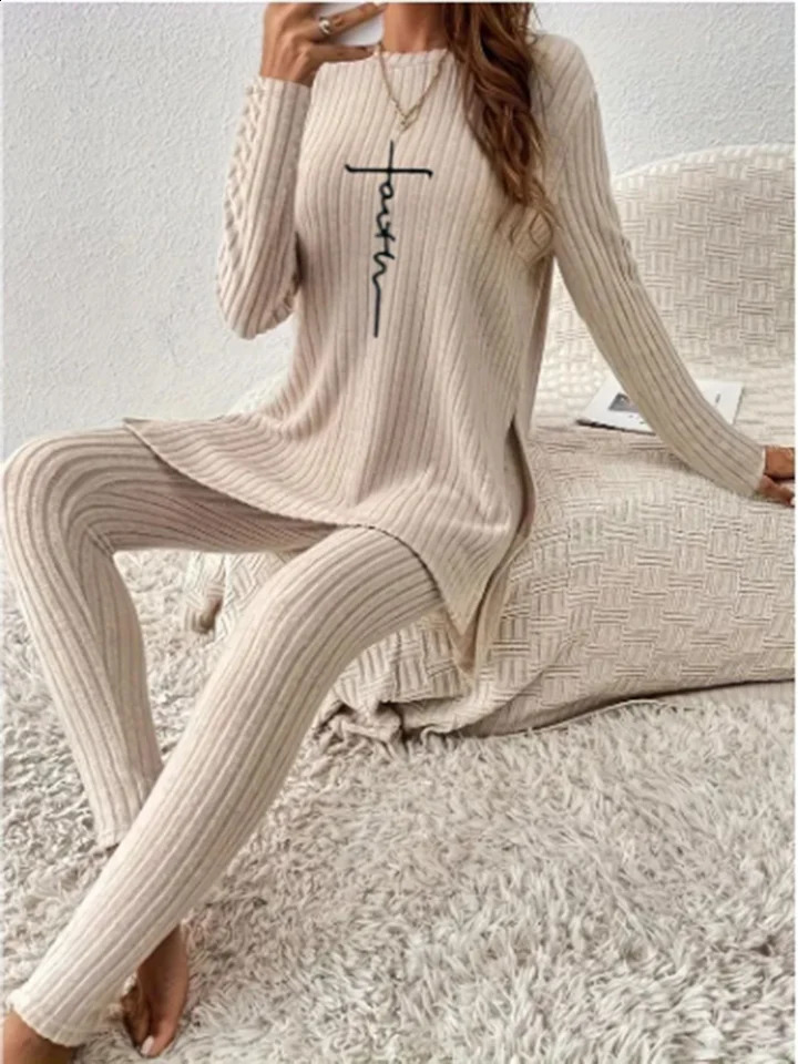 Casual solid color winter knitted suit womens two-piece long sleeved patchwork ultra-thin tight pants autumn fashion set 240919