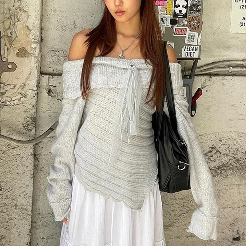 DRC sexy voir à travers des t-shirts tricotés irréguliers lacets lacet up épaule simple pull tricoté d'été pour femmes tirant la fleur 240919