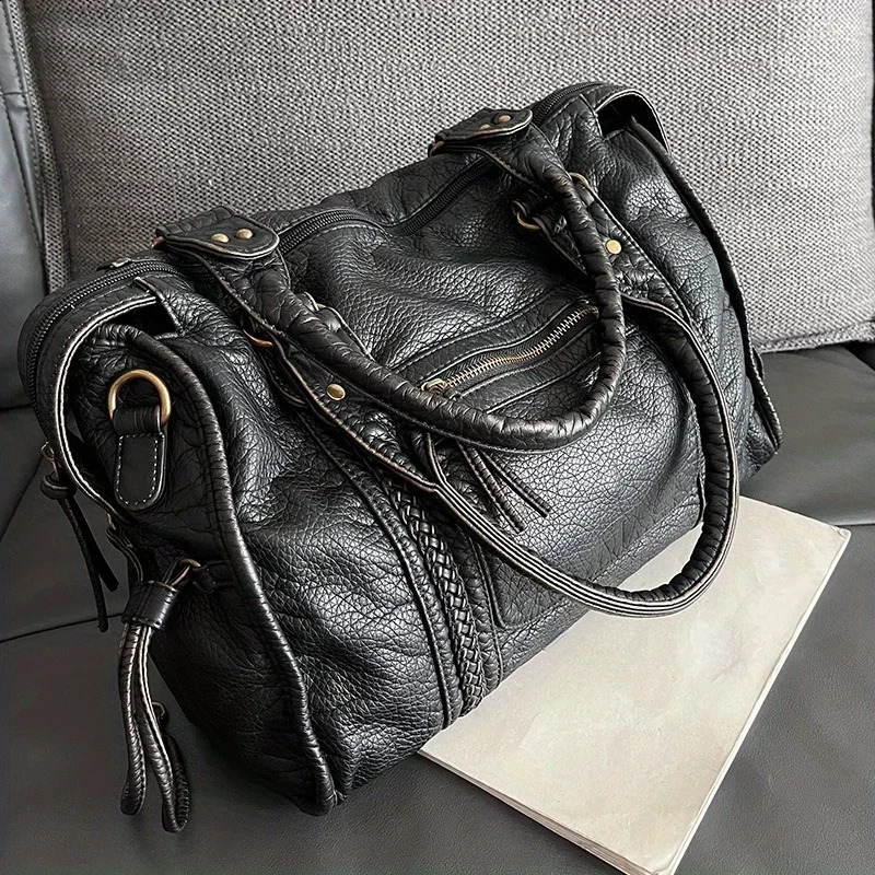 Soft leather retro shoulder bag messenger bag large capacity handbag Y2K motorcycle bag 240918