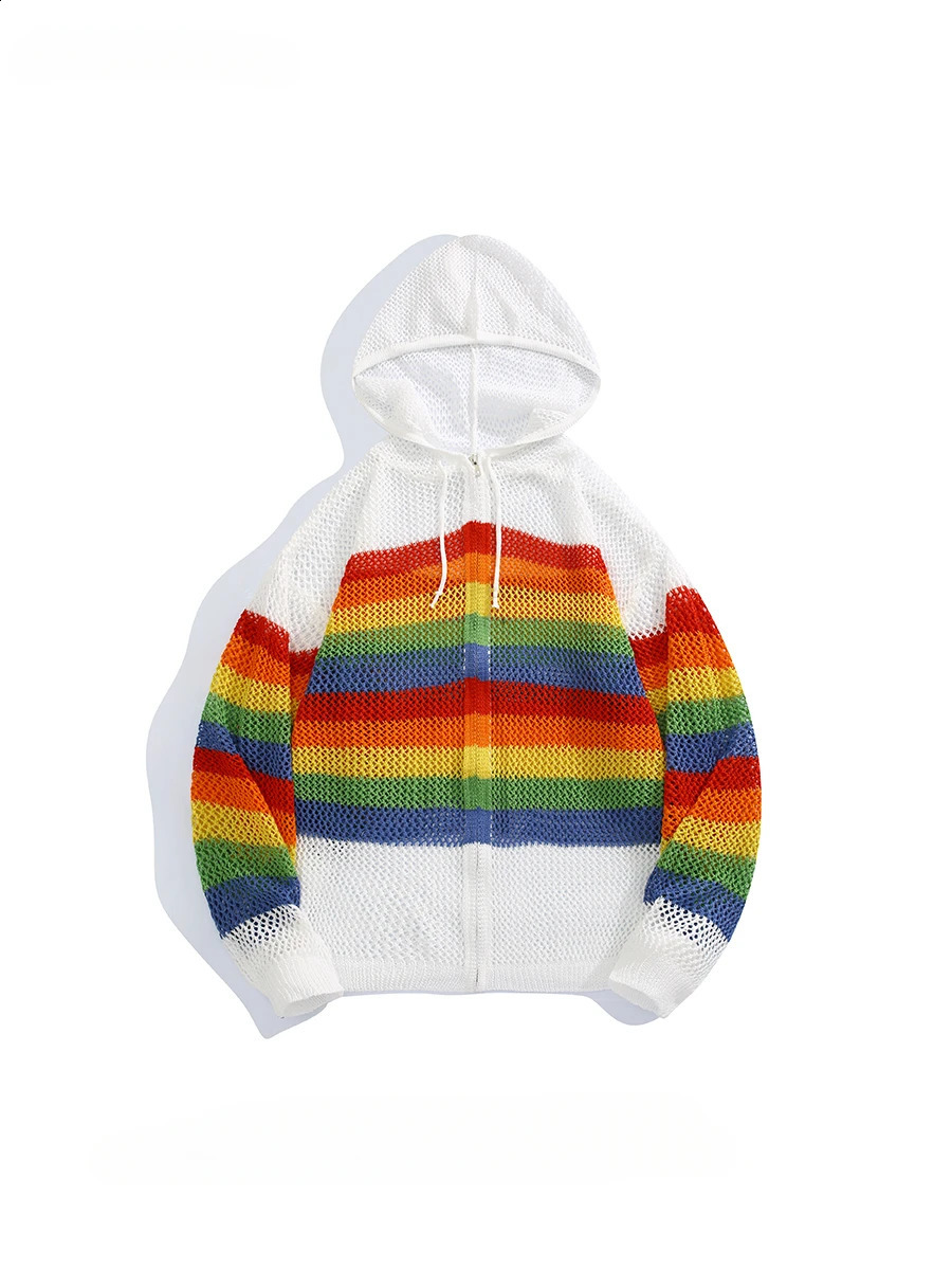 Spring and Autumn Rainbow Stripe Hollow Zipper Knitted Open cardigan Mens Hoodie Long Sleeve Casual Sunscreen Jacket 240921