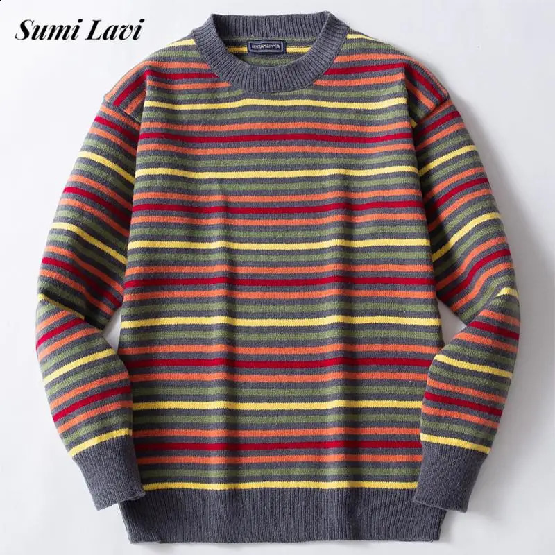 Autumn Casual O-neck Long sleeved Mens Sweater Retro Rainbow Stripe Hook Knitted Jumping Top Mens Fashion Loose Sweater 240921