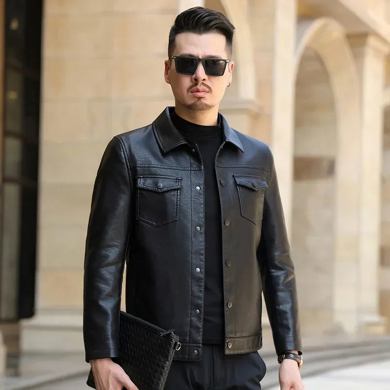 autumn leather coat mens ultra-thin slim fit polo neck leather jacket middle-aged and young mens motorcycle leather jacket 240921