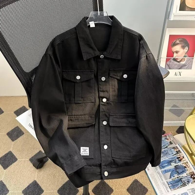 Punk Japanese Denim Jacket Mens Workwear Autumn Winter Trend Button Up Coat Versatile Loose Casual Handsome Black Top 240911Z