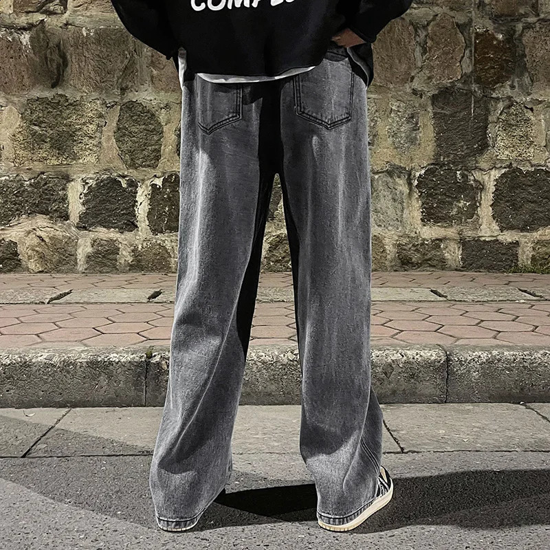 Korean fashion mens bag jeans elastic waist classic olive straight leg denim wide leg pants mens light blue gray black 240927