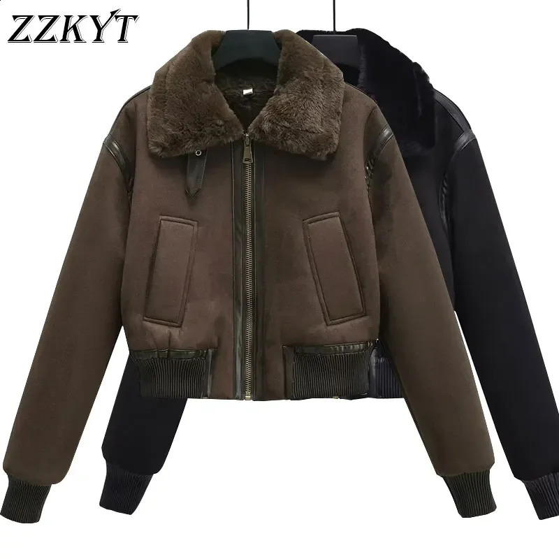 Womens hiver rétro en cuir artificiel veste courte mode collier chaud parkas épais parkas top 240921