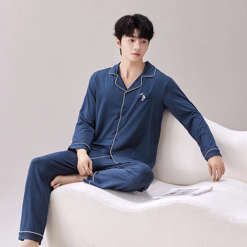 Winter Sleepwear Set Mens Button Down Sleepwear Hombre Cotton Sleepwear PJ Blue Sleepwear Edition 240918