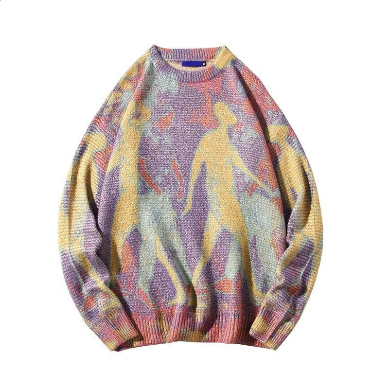 Rainbow Touch Mens Sweater High Street Printed Graffiti Purple Pullover Retro Round Neck Knitted Sweater Spring/Summer 240921