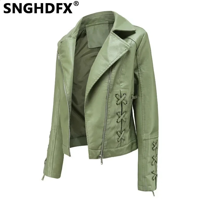 SNGHDFX Womens Jacket Synthetic Leather Long Sleeve Zipper Ultra Thin Motorcycle Womens Coat Spring/Autumn/Winter 240921