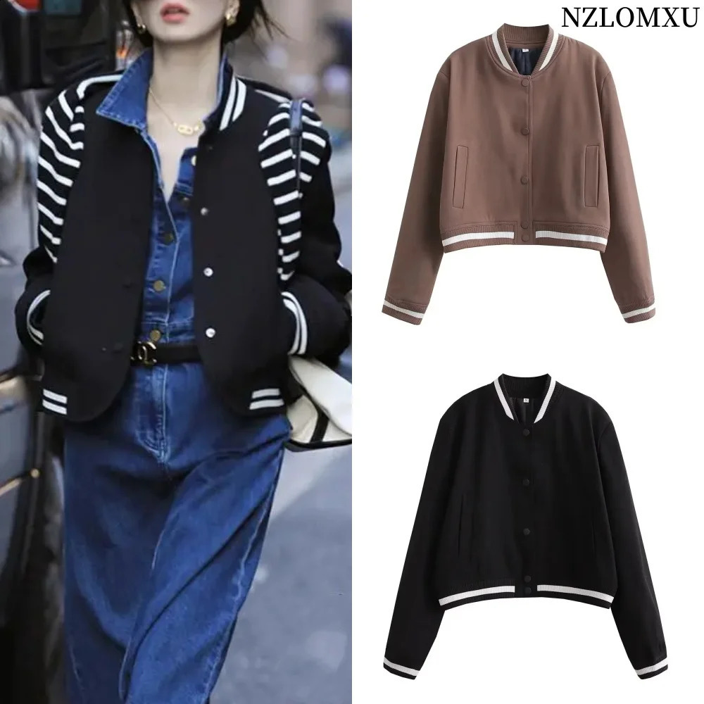 Women Fashion Autumn Loose Pilot Jacket Long-sleeved Single-breasted Stand Collar Short Coats Chic Female Tops 240919