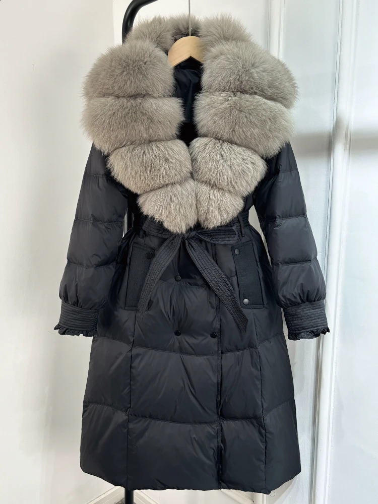 Winter Big Fox Fur Collar Upper Knee Inflatable Jacket Womens Slim Fit Warm Tie 90% White Duck Undercoat 240921