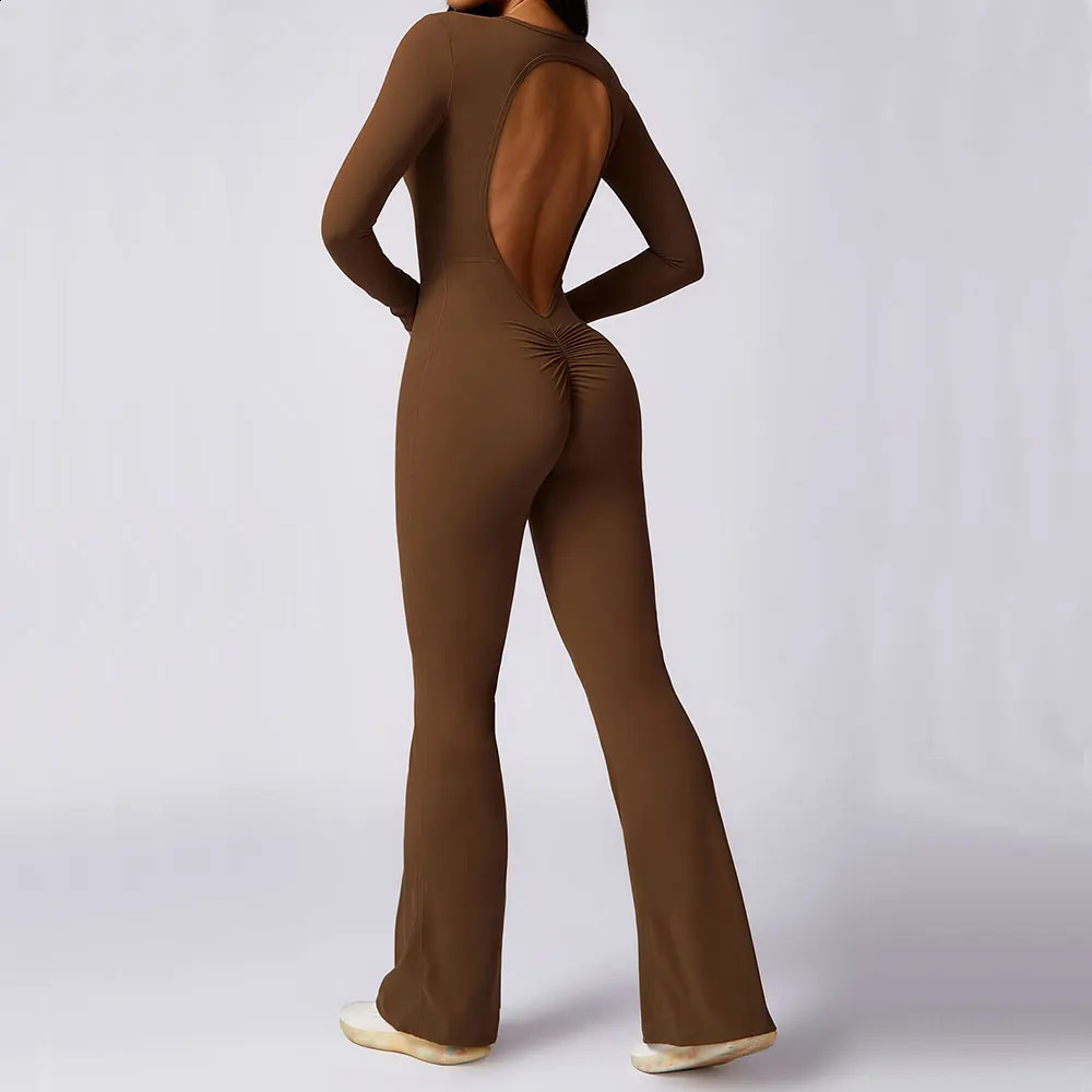 Jumpsuit long sleeved gym set womens yoga set womens sportswear womens sportswear Flared Pants fitness jumpsuit elastic exercise set 240918