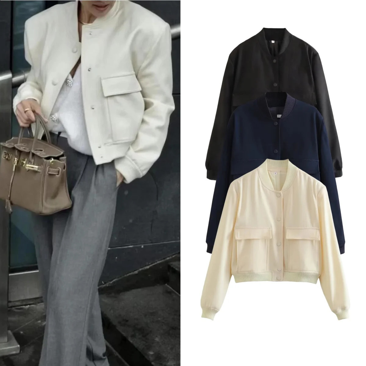 TRAF Women Fashion Loose Flap Pocket Pilot Jacket Long-sleeved Single-breasted Stand Collar Short Coats Chic Female Tops 240919