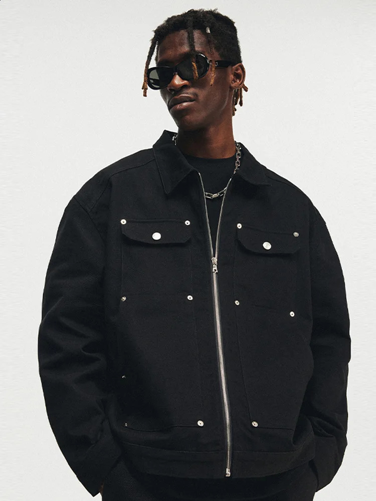 American Street Punk Rivet Mens Denim Coat Autumn Trendy Lapel Long Sleeve Single Breasted Male Jeans 2024 Y2k Chaqueta Top 240911Z