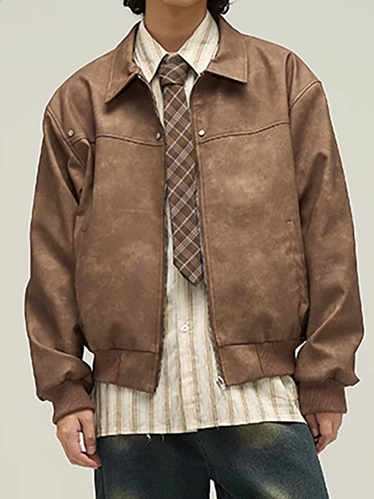 High quality mens retro brown Pu leather jacket mens fashion zipper jacket Spring and Autumn Ropa 240921