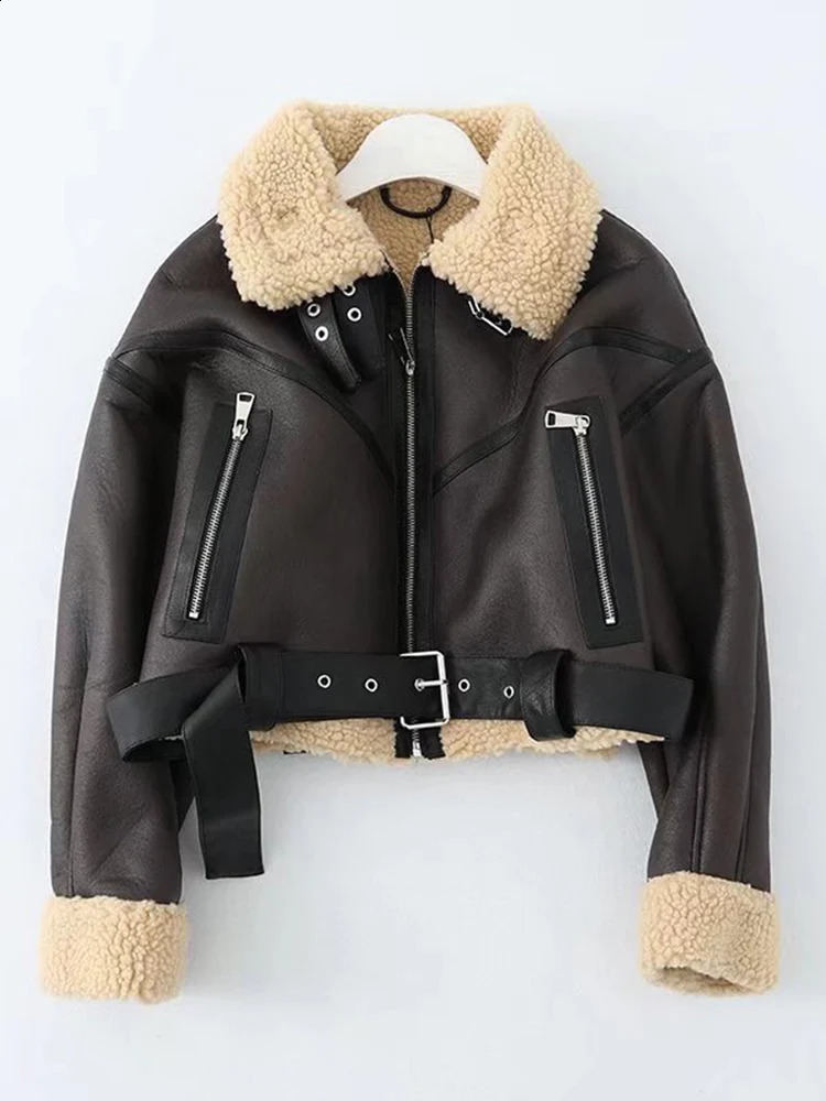 Winter womens street clothing synthetic sheepskin short jacket motorcycle with belt thick and warm sheepskin coat 240921