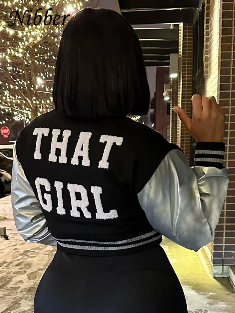 Nibber Basic Payment Casual Coats Women Y2k Baseball Vintage Button Crop Jacket Female Back Letter Embroidery Streetwear Top 240919