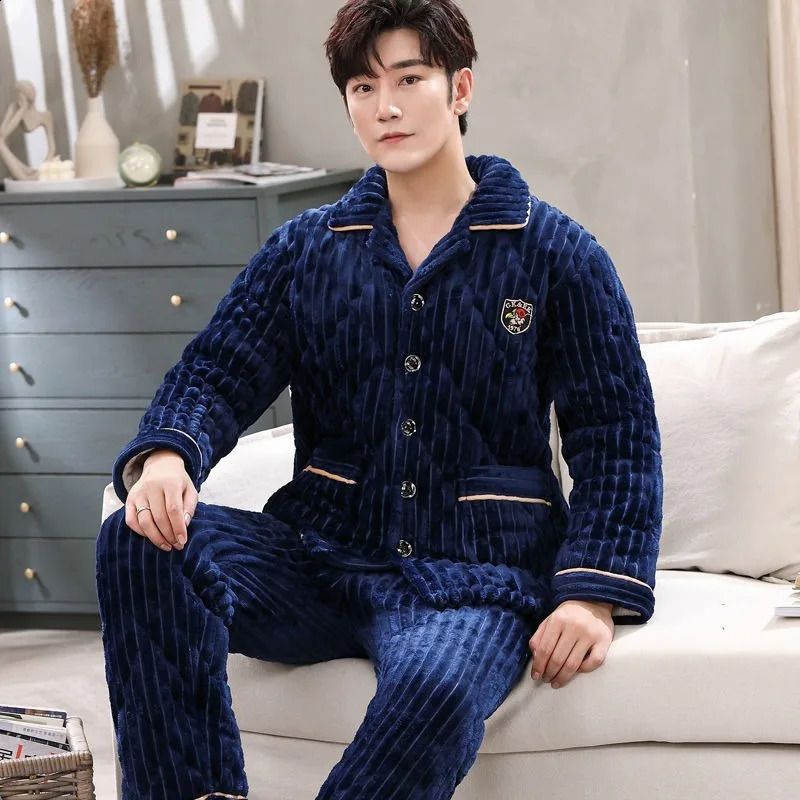Mens pajamas winter plush casual wear three-layer luminous cotton thickened home autumn set warm flannel home clothing set 240918