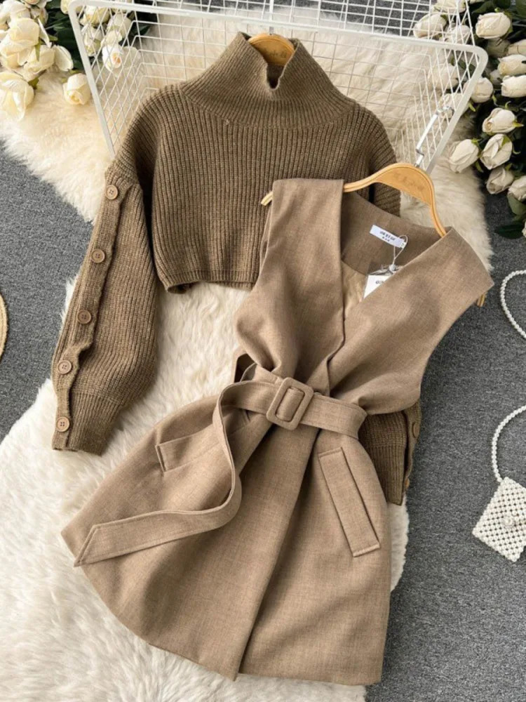 Article Fashion Autumn Gentle Style Womens Set Korean Short Sweater Set Short Sleeve Vest Dress Womens Two Piece Set 240921
