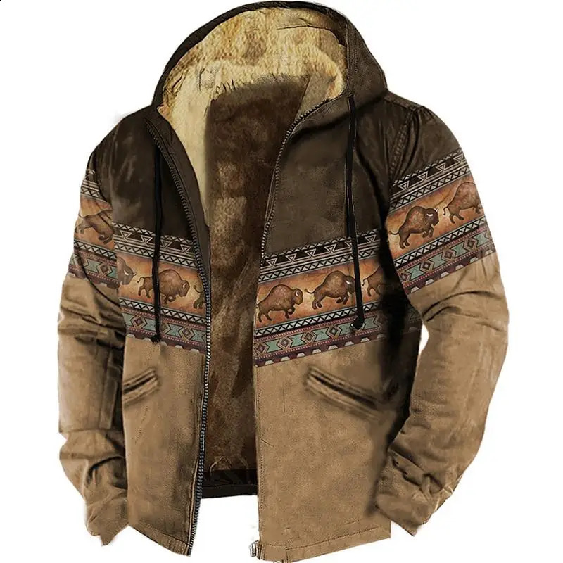 Sweat à capuche à glissière pour hommes avec motif buffle imprimé vêtements d'hiver décontracté pull à manches longues veste à capuche décontract