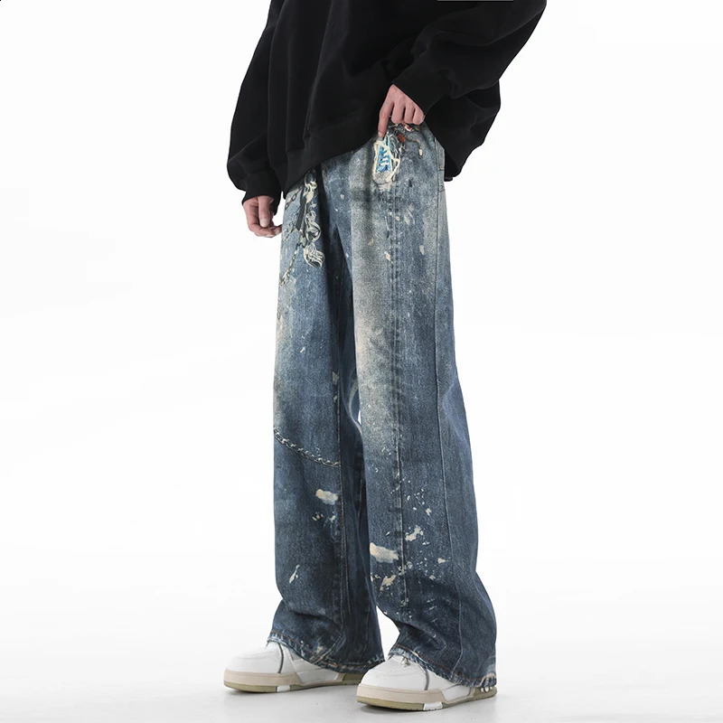 Streetwear autunno stampa digitale personalizzata in tela spessa jeans dritti pantaloni da uomo alla moda retrò 240927