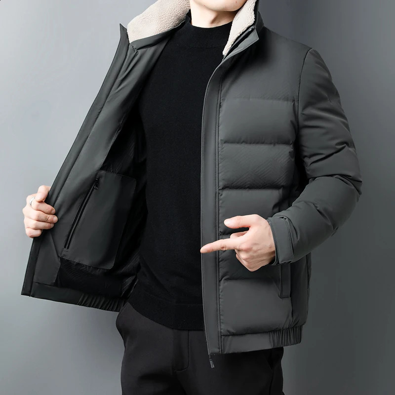 High quality autumn and winter mens casual fur collar white duck down jacket solid warm short top 240918